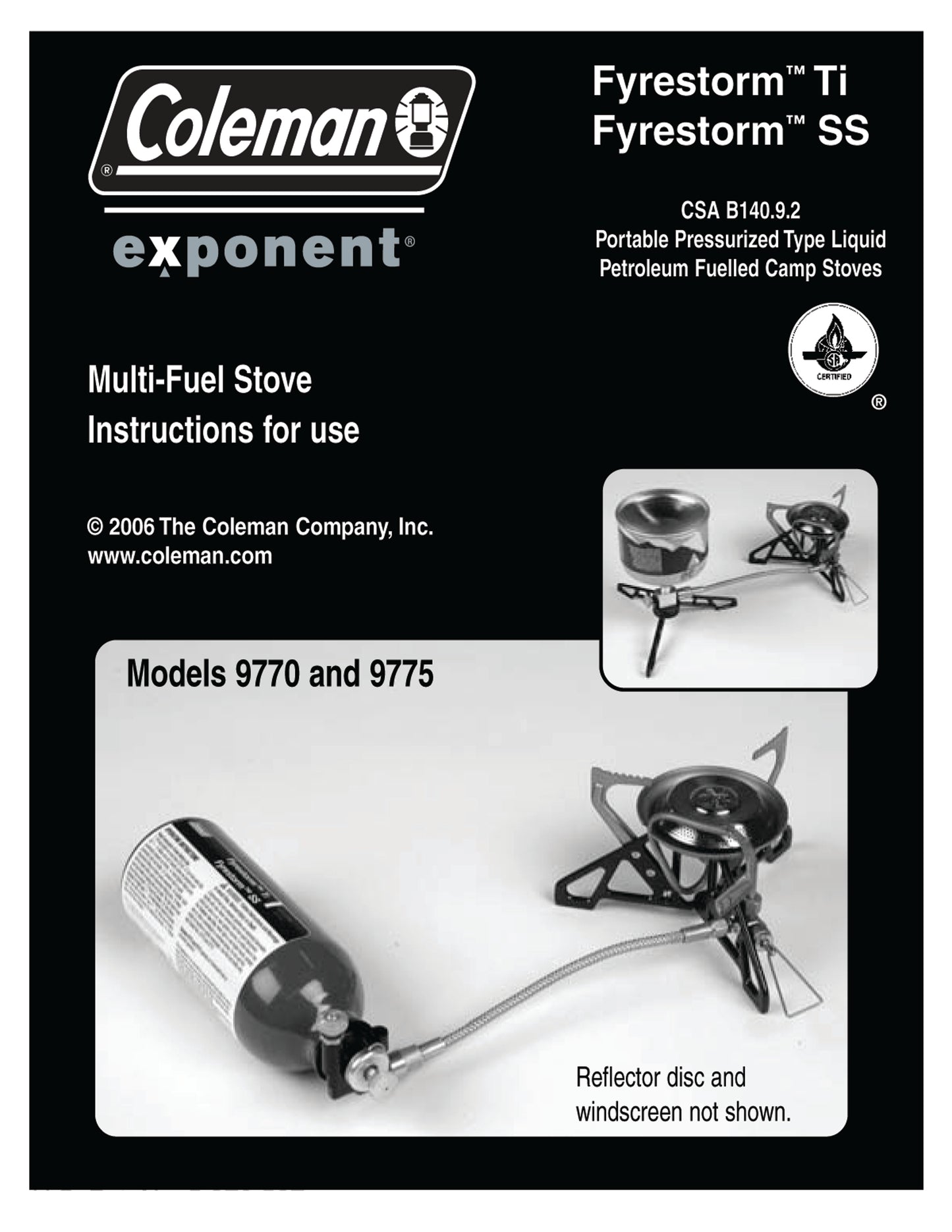 Coleman Exponent Fyrestorm Ti and Fyrestorm SS Stove Manual