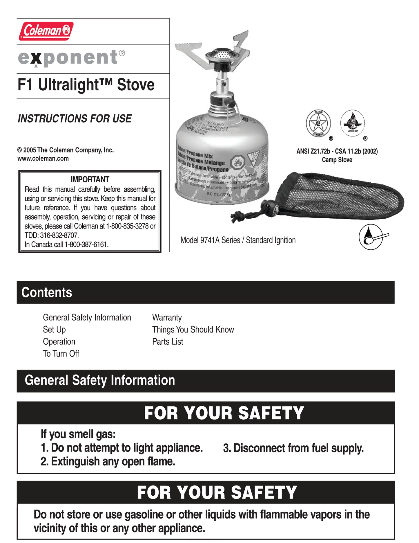Coleman Exponent F1 Ultralight Stove Manual