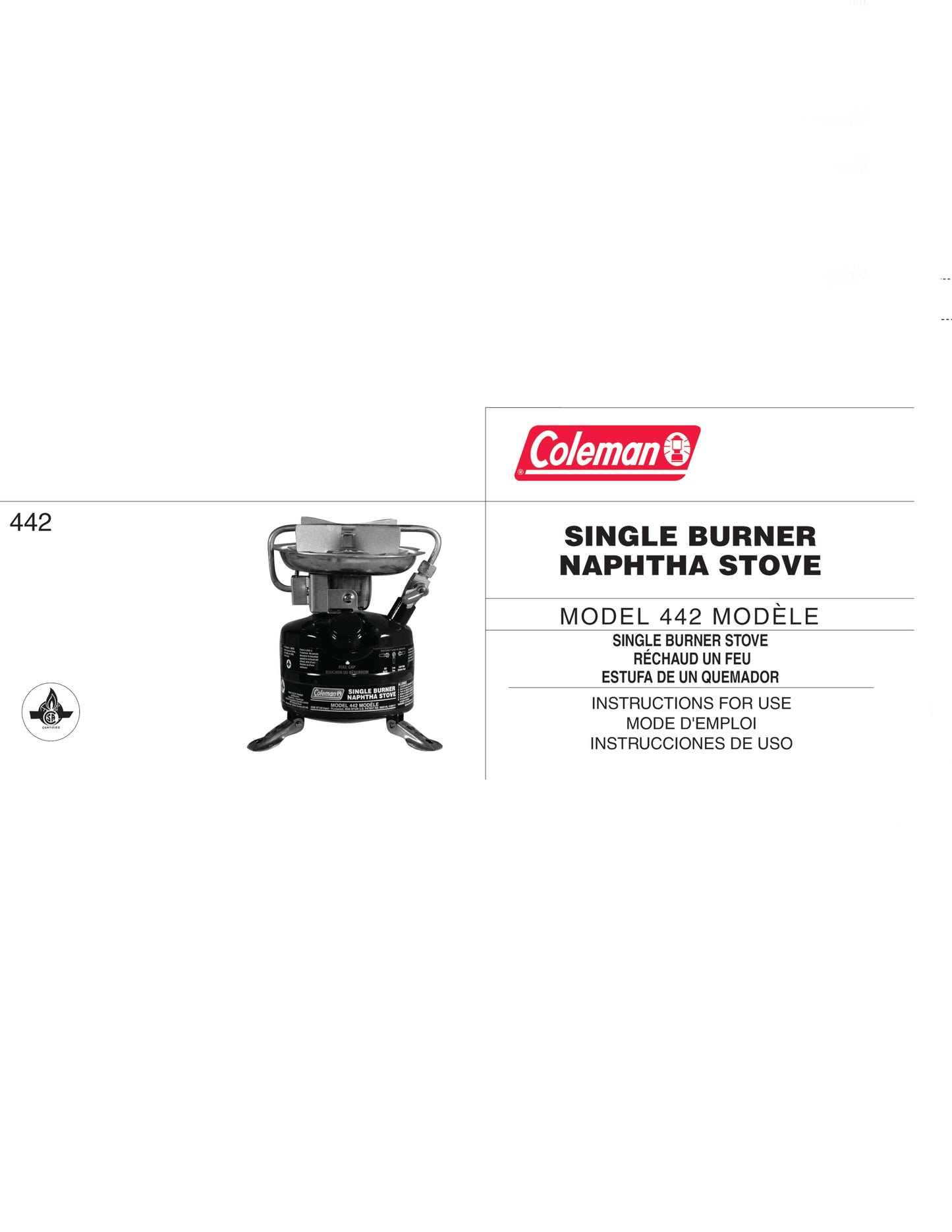 Coleman Single Burner Naphtha 442 Stove Manual